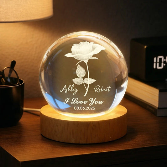 Personalized LED Crystal Ball Lamp for Couples with Rose Design - Anniversary Gift Lamp MagicInPrints