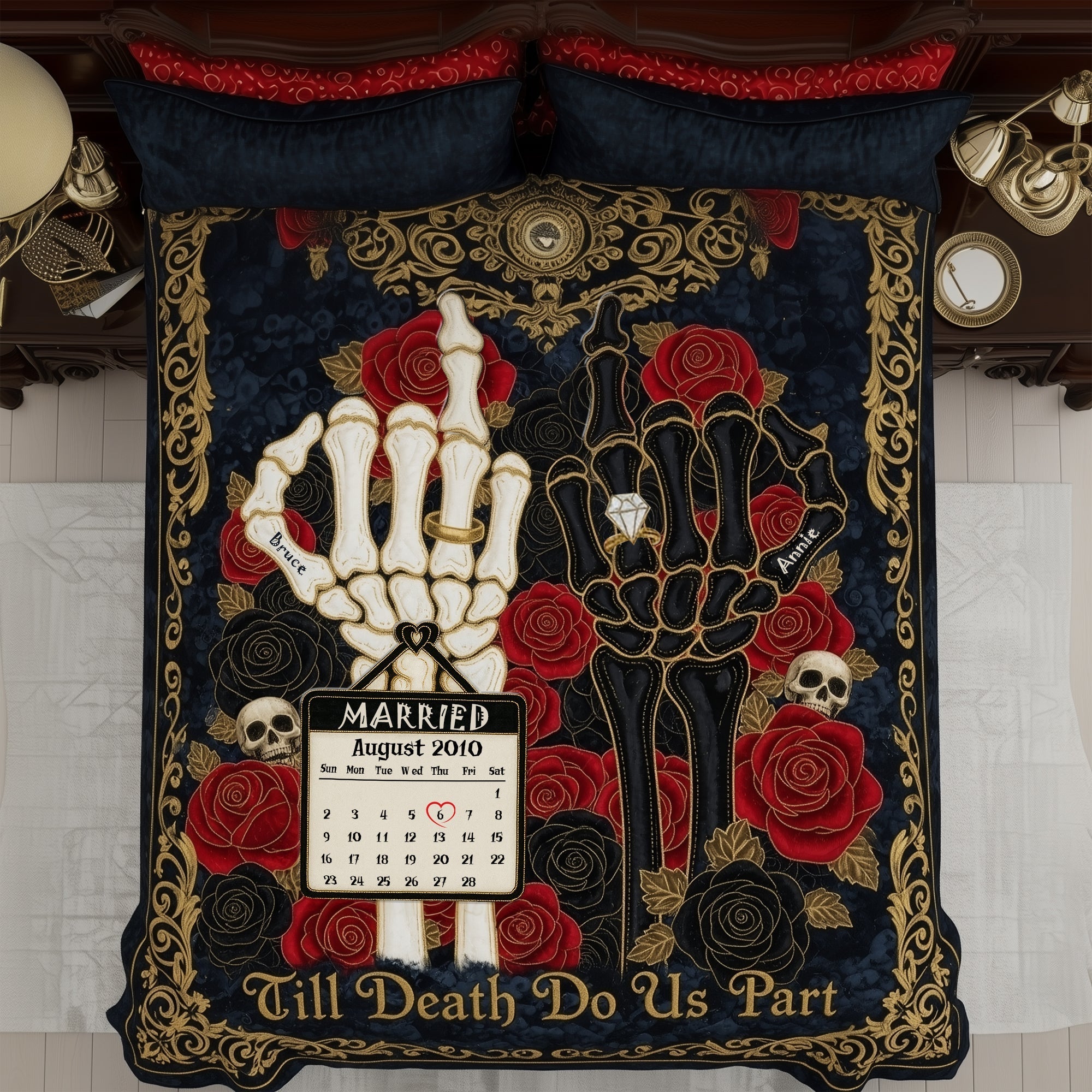 “Till Death Do Us Part” - Gothic Wedding Skeleton Quilt Bedding Set - Custom Personalized Gifts for Couples and Engaged Lovers Blanket MagicInPrints