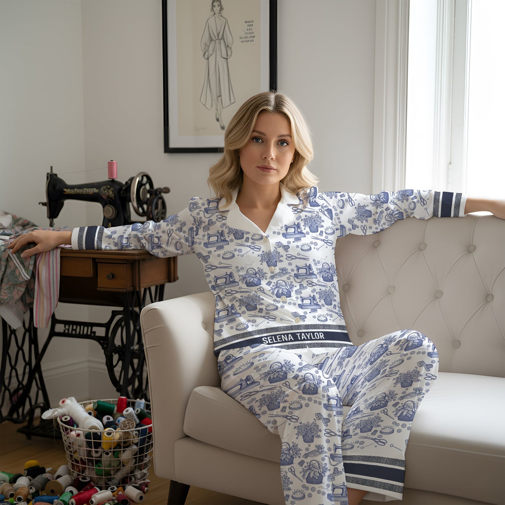 Sewing Toile de Jouy Button Up Pajama Set - Personalized Gift For Sewing Lover Christmas Pajama Pajama Set MagicInPrints