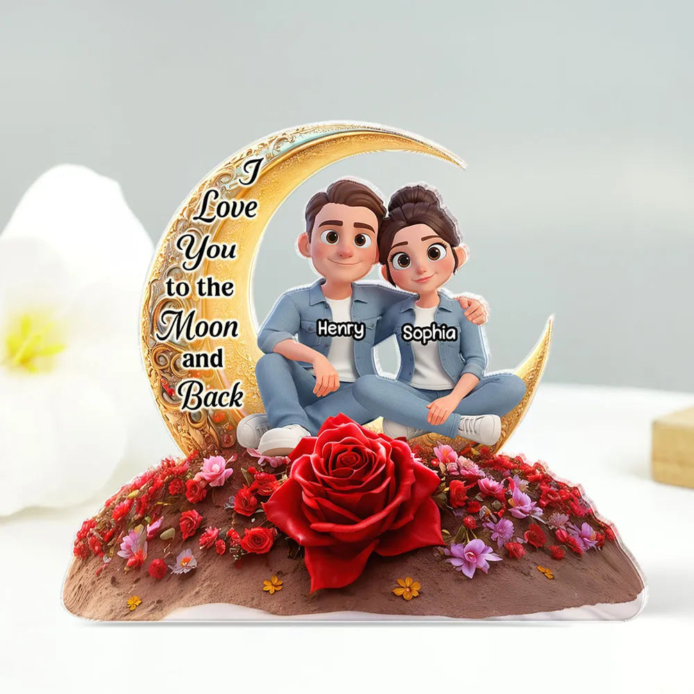 Personalized Couple Figurine with Moon and Rose - Romantic Gift for Loved Ones Plaque MagicInPrints