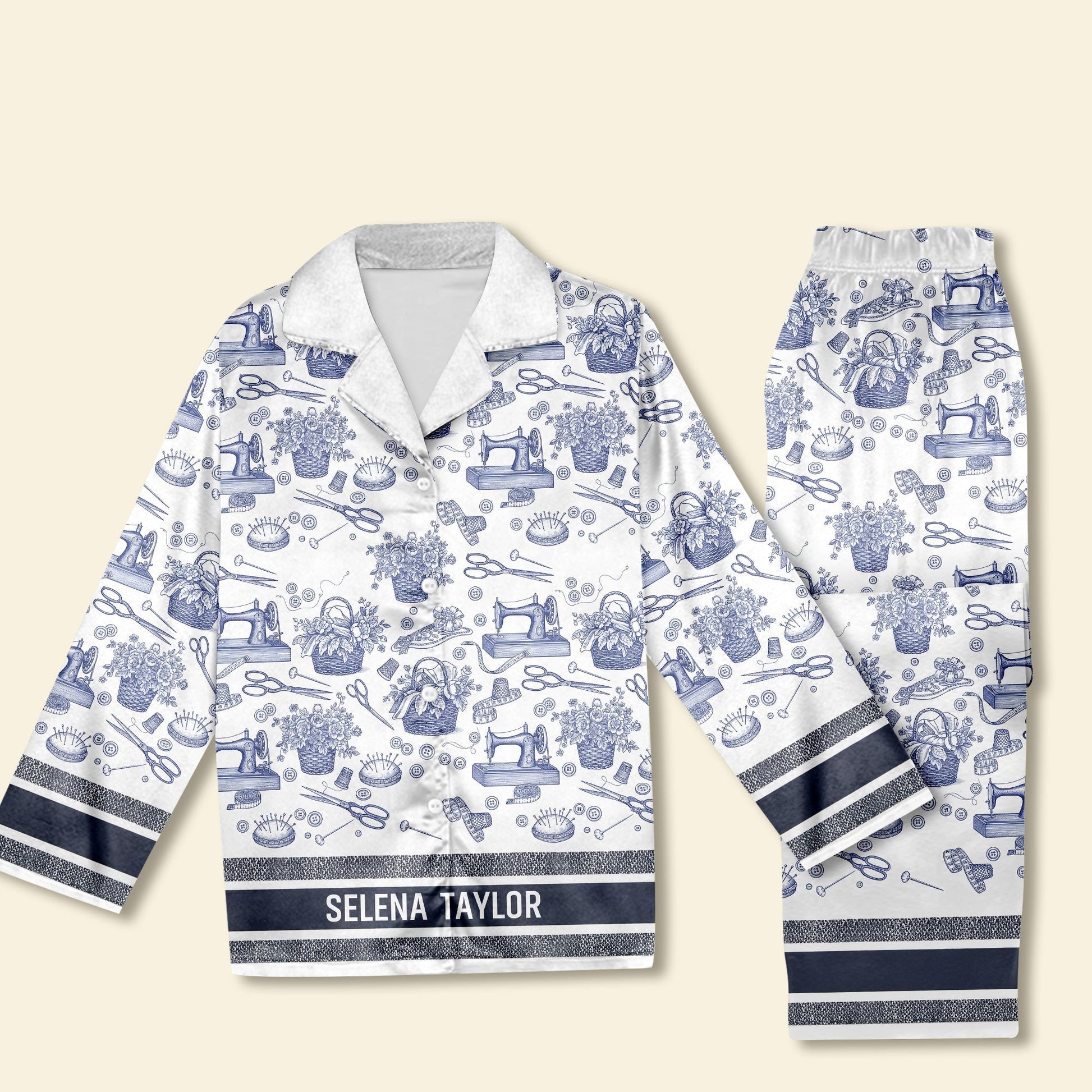 Sewing Toile de Jouy Button Up Pajama Set - Personalized Gift For Sewing Lover Christmas Pajama Pajama Set MagicInPrints