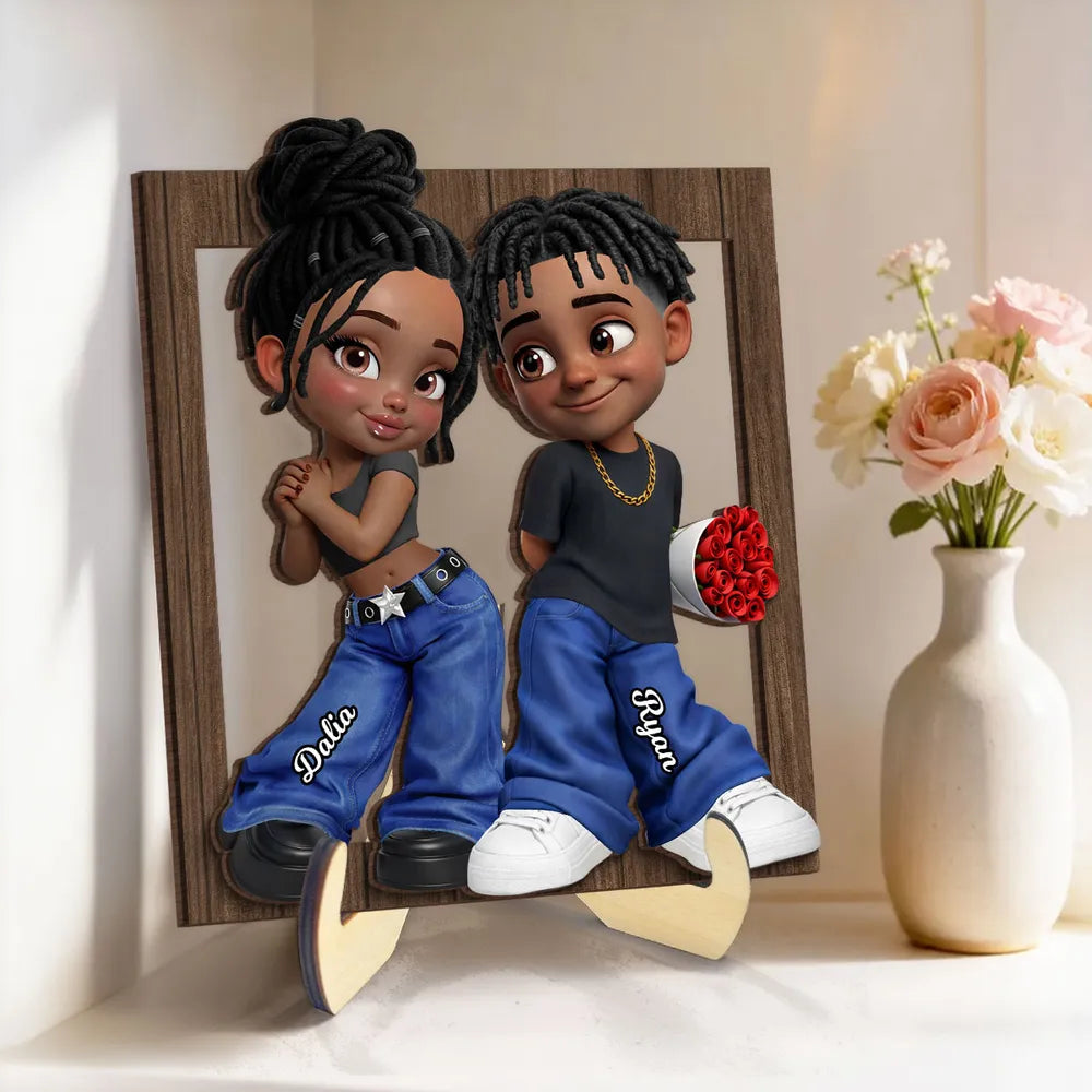 Custom Cartoon Couple Wooden Frame for Romantic Gift - Personalized Names Plaque MagicInPrints