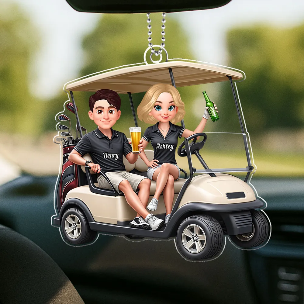 Custom Cartoon Golf Cart Couple Car Ornament - Personalized Gift for Golf Lovers Car Hanger MagicInPrints