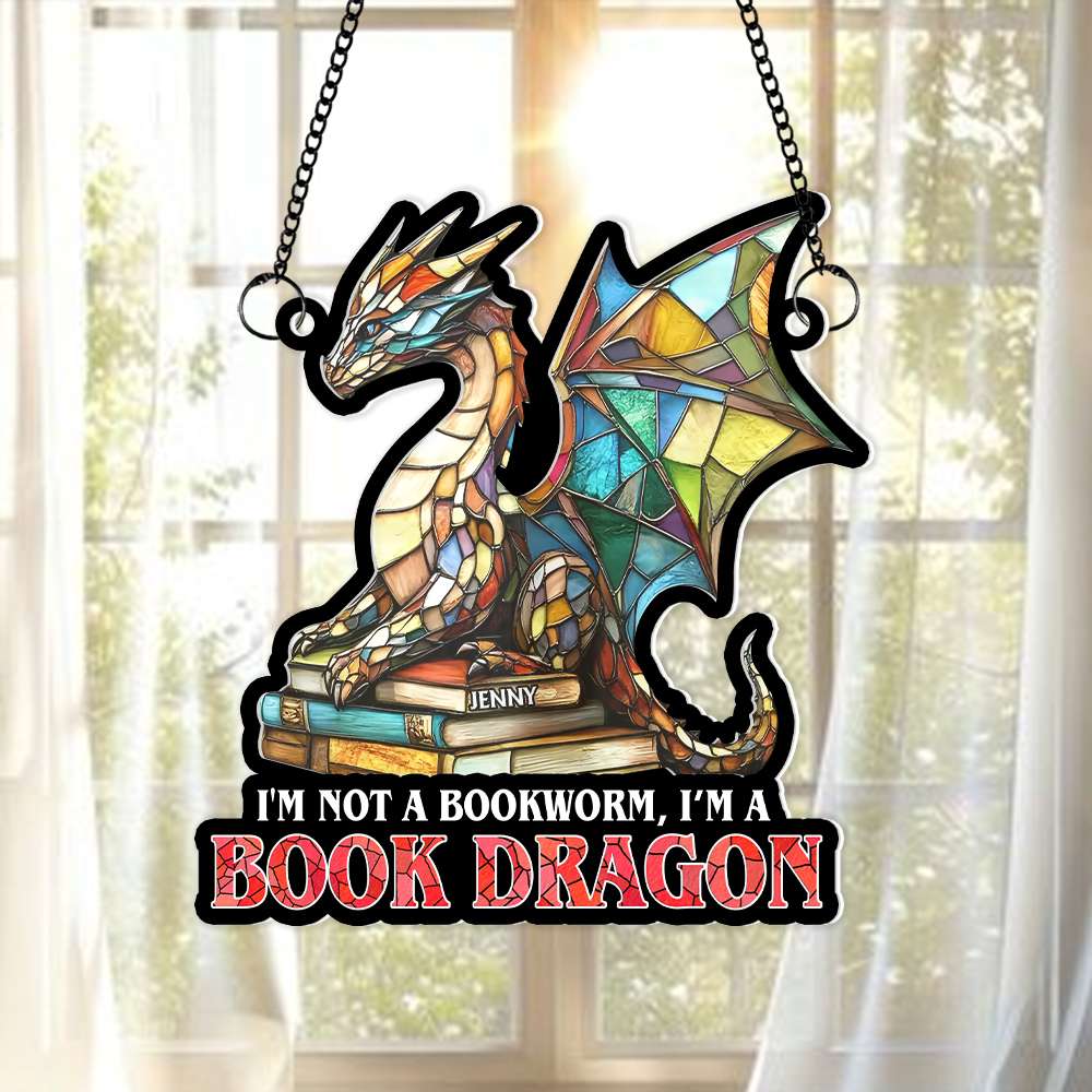 Personalized Book Lover's Suncatcher Ornament - Dragon Reading Book Ornament PopCulturePrints
