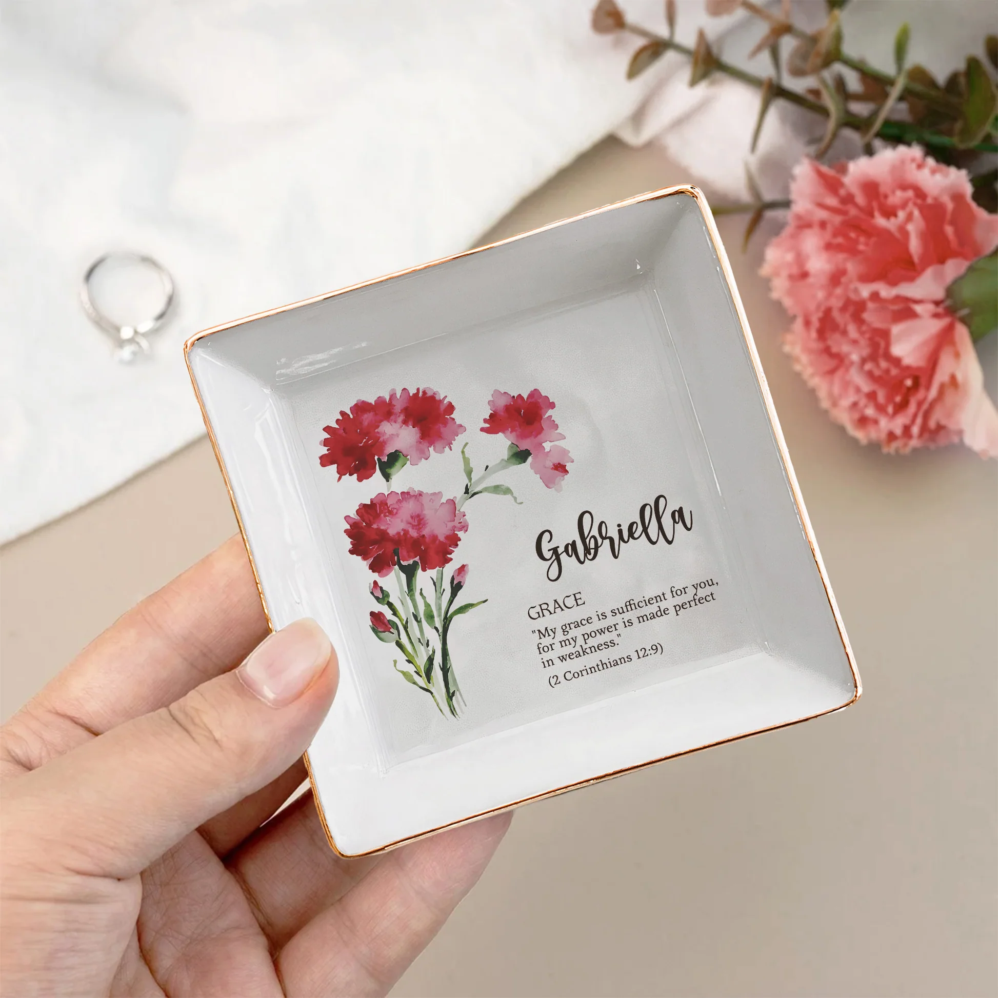 Personalized Jewelry Tray for Women with Carnation Design - Inspirational Gift Jewelry MagicInPrints