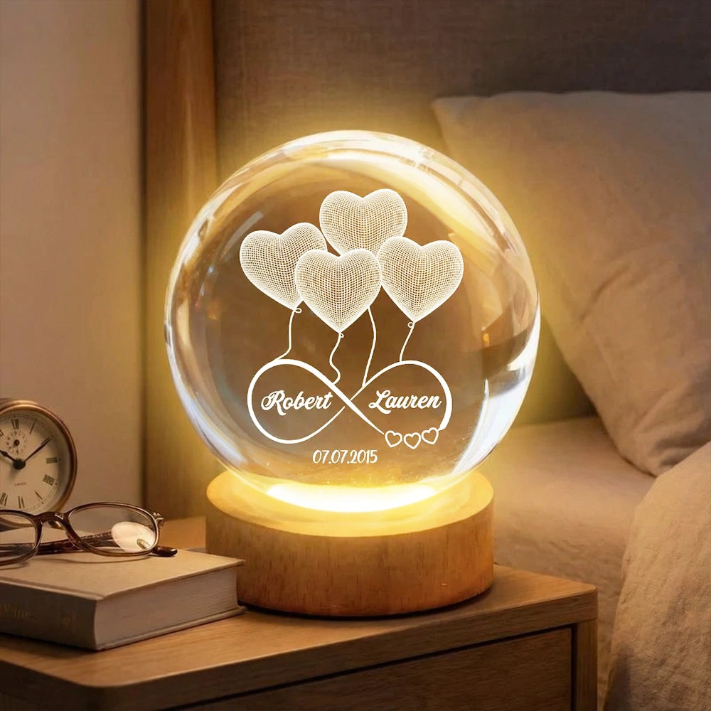 Personalized LED Crystal Ball Lamp for Couples with Heart Design - Anniversary Gift Lamp MagicInPrints