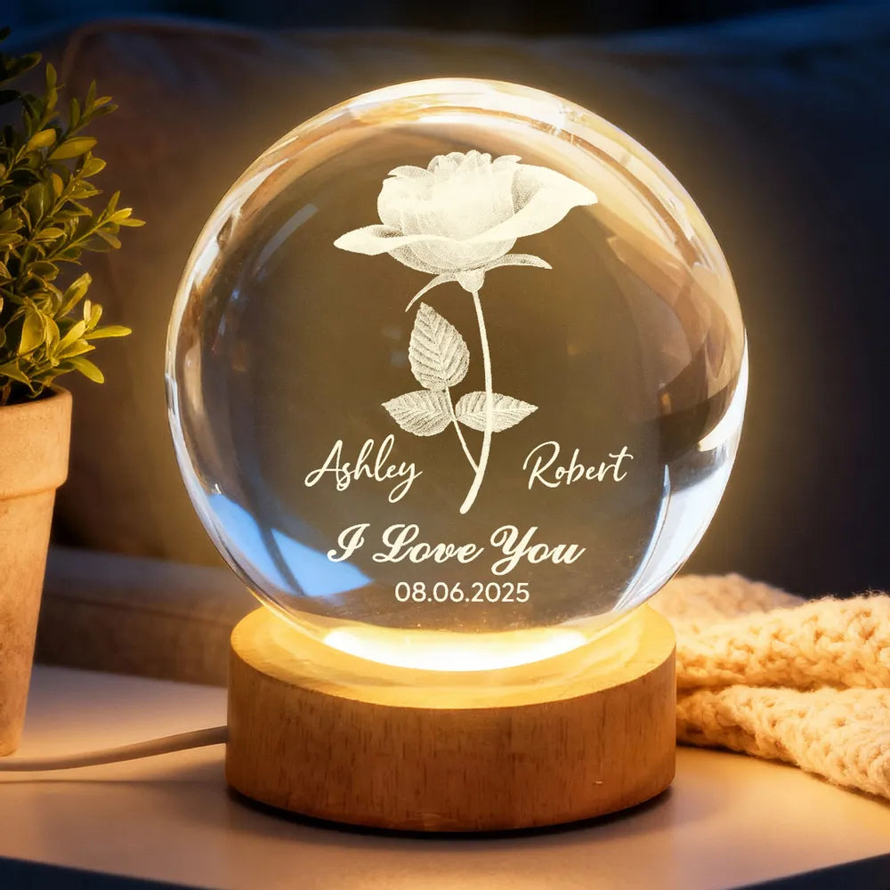 Personalized LED Crystal Ball Lamp for Couples with Rose Design - Anniversary Gift Lamp MagicInPrints