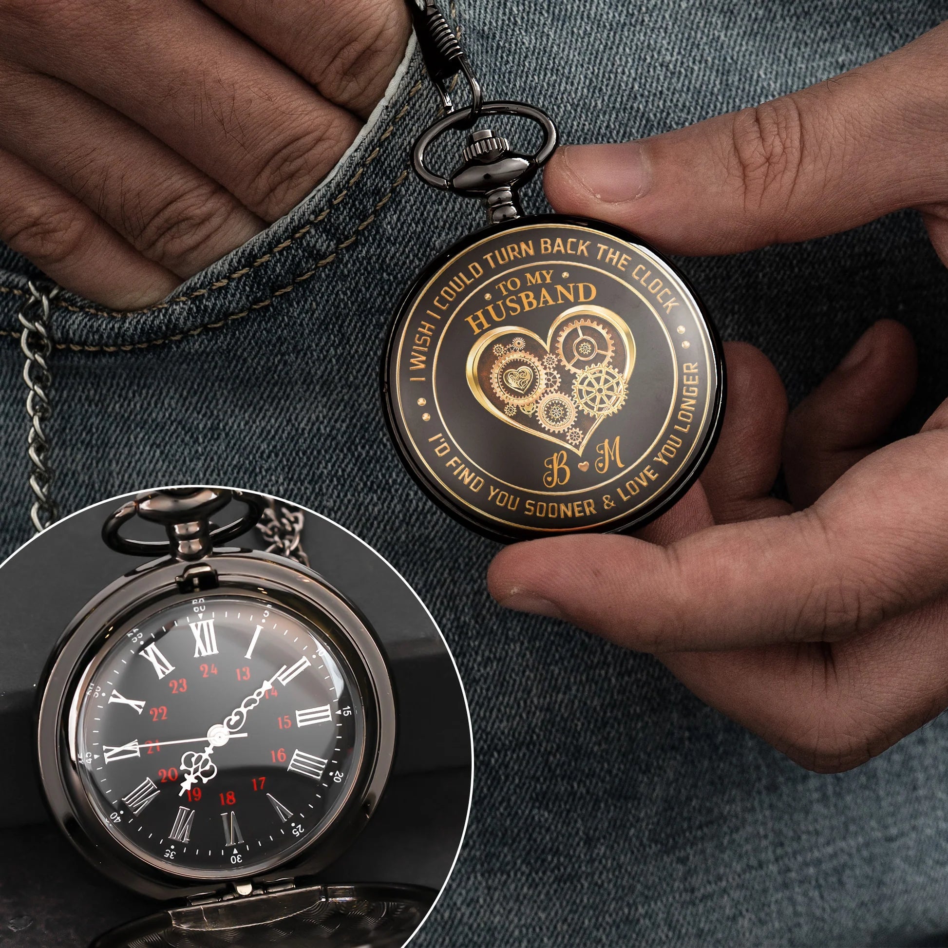 Engraved Pocket Watch for Husband with Heart Design - Sentimental Gift Watch MagicInPrints