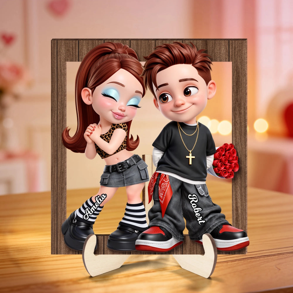 Custom Cartoon Couple Wooden Frame for Romantic Gift - Personalized Names Plaque MagicInPrints