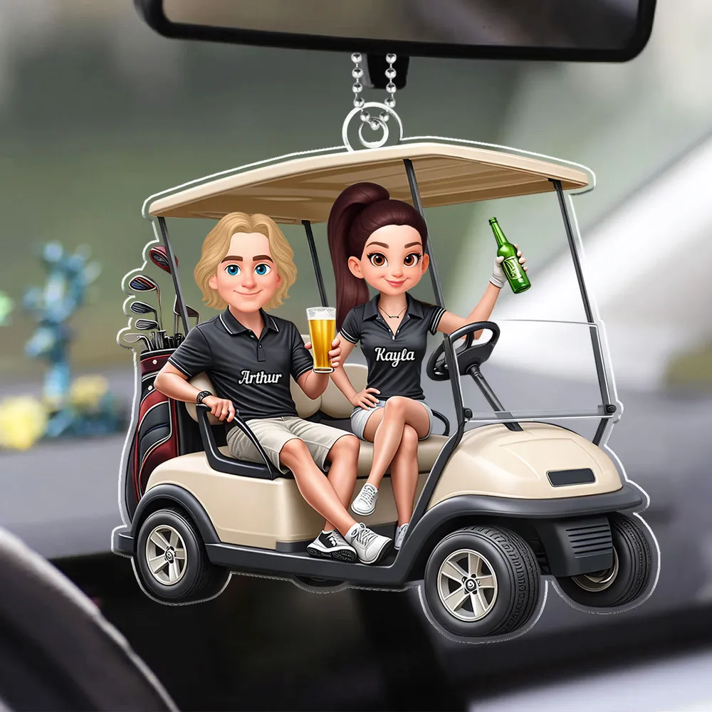 Custom Cartoon Golf Cart Couple Car Ornament - Personalized Gift for Golf Lovers Car Hanger MagicInPrints
