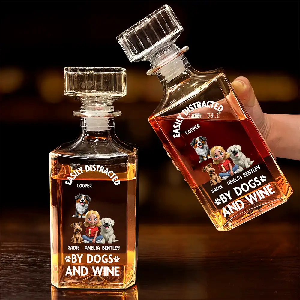 Easily Distracted By Dogs and Wine – Personalized Square Whiskey Bottle – Gift for Dog Lovers Whiskey Bottle MagicInPrints