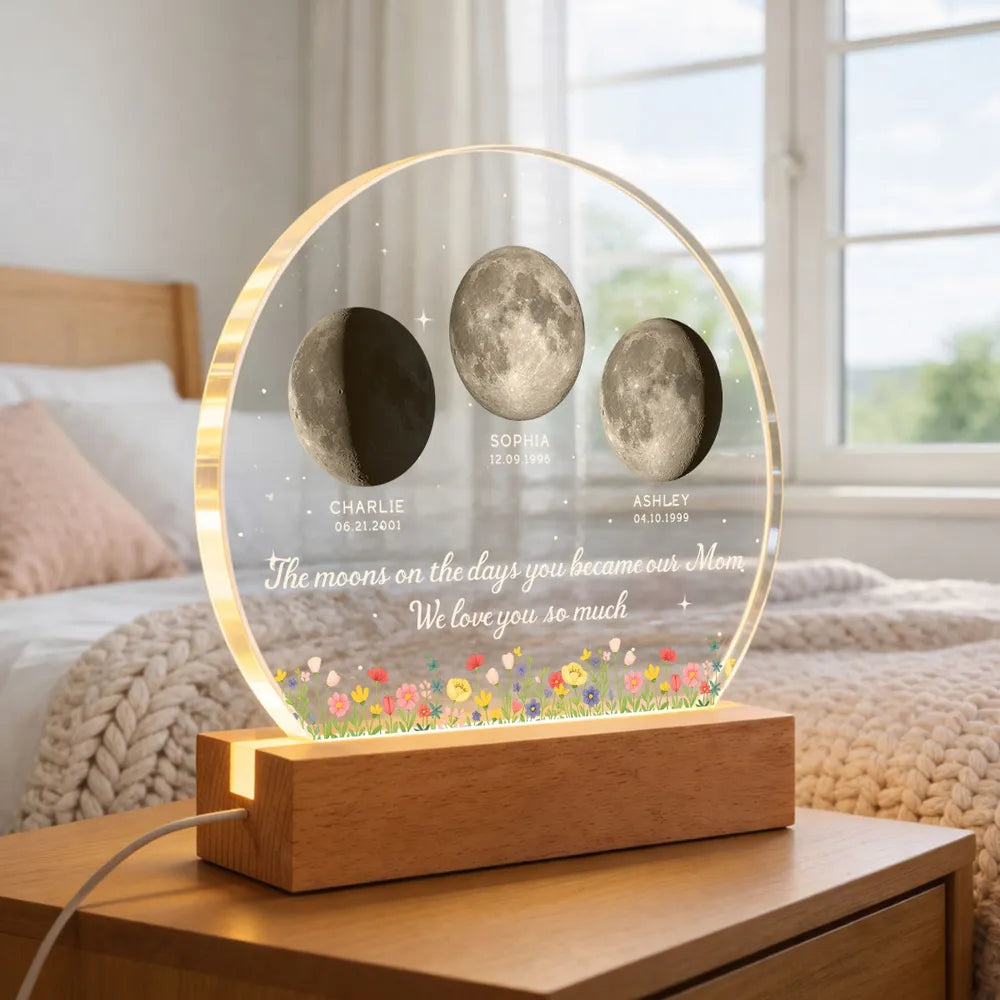 Personalized Moon Phase Lamp for Mom - Custom Birth Dates Keepsake Plaque MagicInPrints