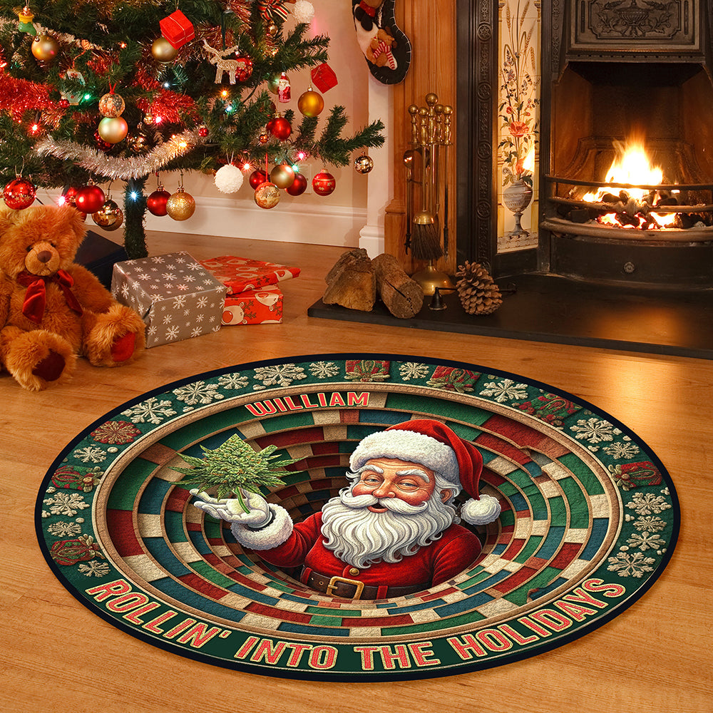 “Rollin’ Into the Holidays” - Personalized Chill Santa Round Rug - Unique Christmas Gift for Family and Friends Doormat MagicInPrints