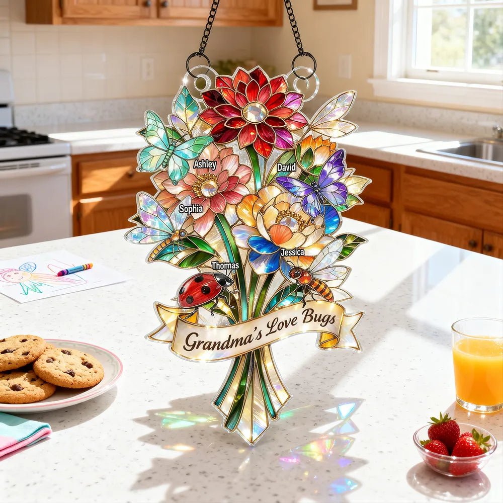 Personalized Stained Glass Suncatcher for Grandma - Custom Names Floral Decoration Ornament MagicInPrints