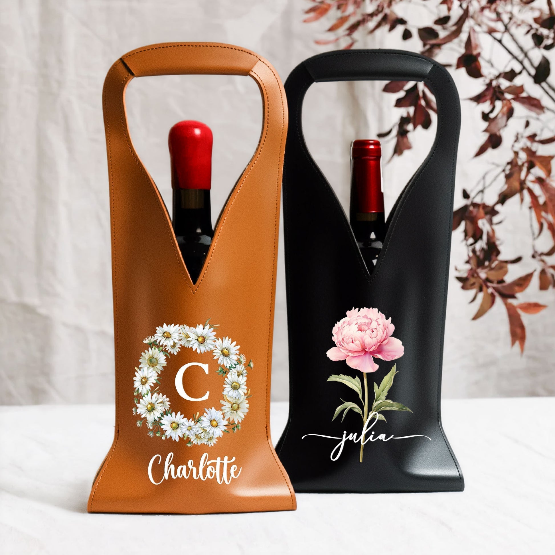 Personalized Leather Wine Bag for Her - Custom Floral Design Gift Bag MagicInPrints