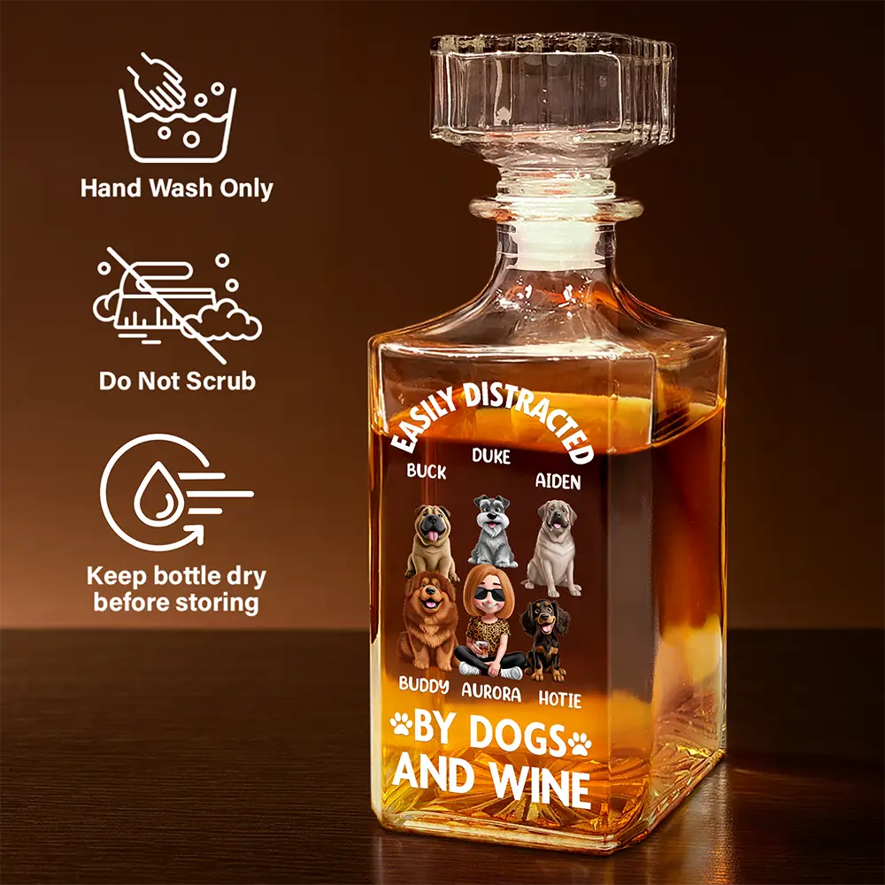 Easily Distracted By Dogs and Wine – Personalized Square Whiskey Bottle – Gift for Dog Lovers Whiskey Bottle MagicInPrints