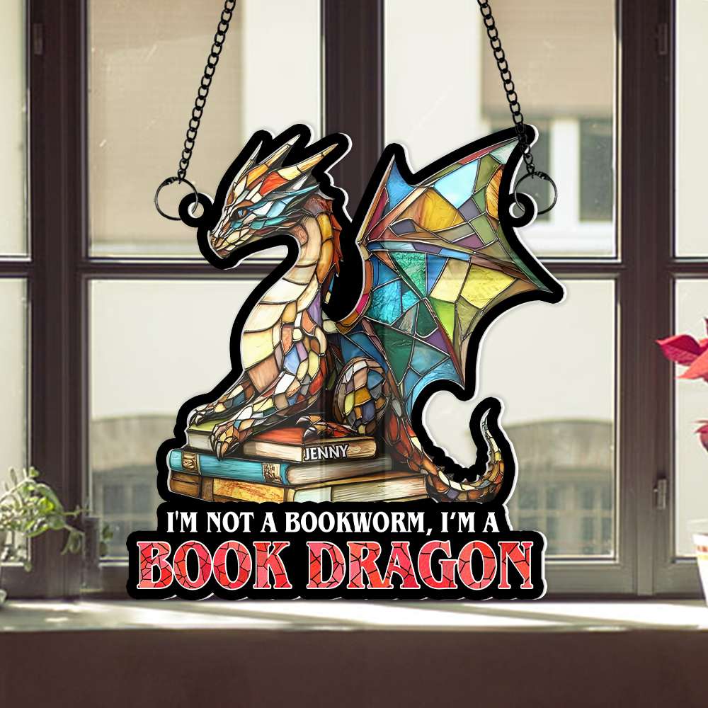 Personalized Book Lover's Suncatcher Ornament - Dragon Reading Book Ornament PopCulturePrints