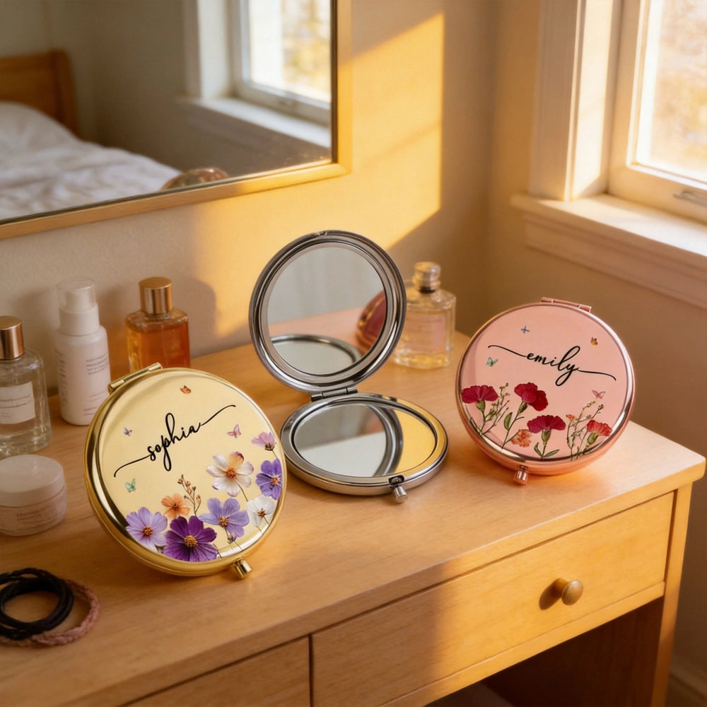 Personalized Floral Compact Mirror for Women - Custom Name Gift Beauty Tools MagicInPrints