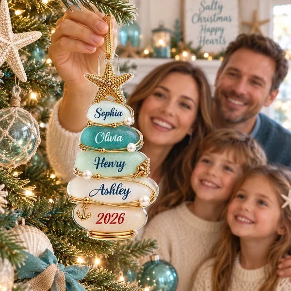 Personalized Coastal Acrylic Ornament with Christmas Tree & Starfish Family Gift