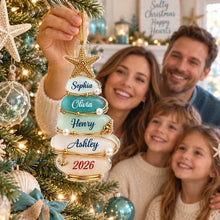 Load image into Gallery viewer, Personalized Coastal Acrylic Ornament with Christmas Tree &amp; Starfish Family Gift
