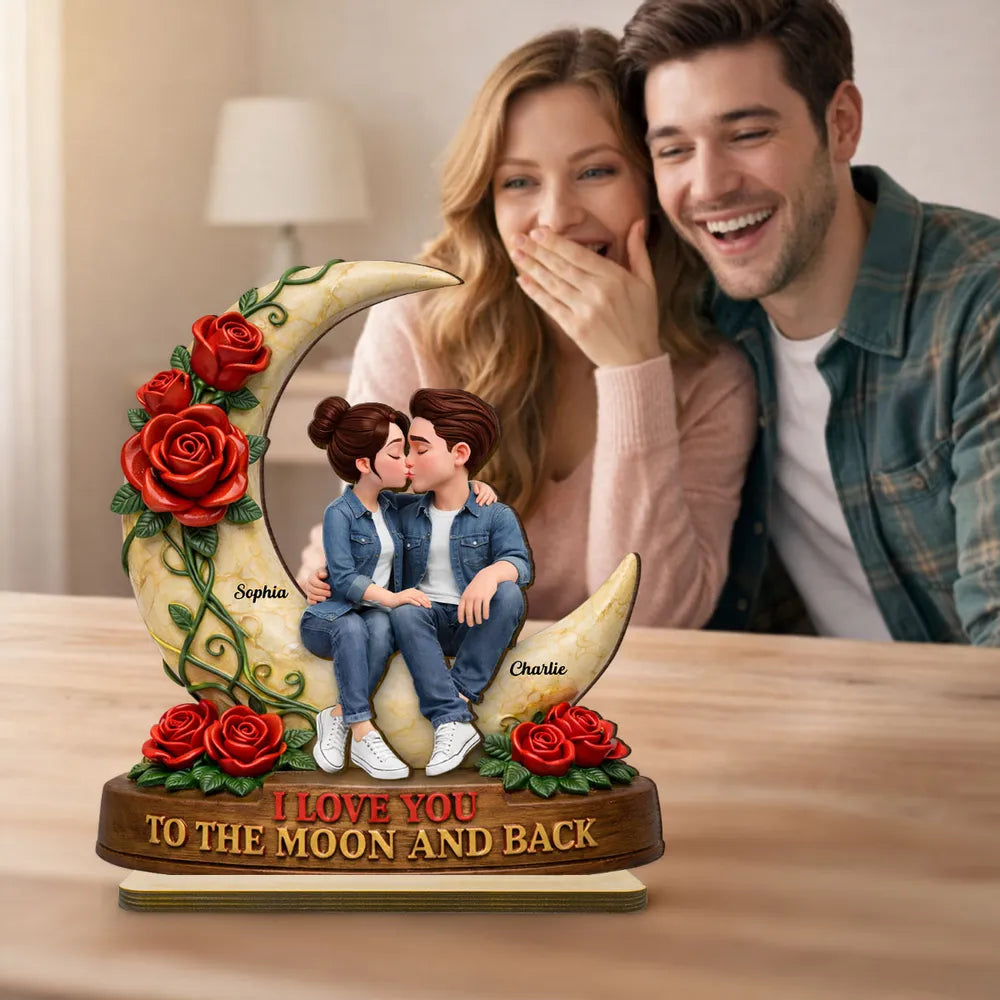 Personalized Romantic Couple Figurine with Moon and Roses - Perfect for Anniversaries Plaque MagicInPrints