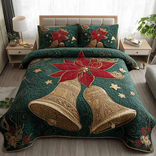 Celebrate the Season with Golden Poinsettia Bells – Personalized Quilted Bedding Set – Gift for Home Lovers Quilted Bedding Set V2 MagicInPrints