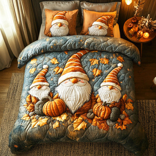 Cozy Autumn Moments – Personalized 3-Piece Quilted Bedding Set – Gift for Gnome Lovers Quilted Bedding Set V2 MagicInPrints
