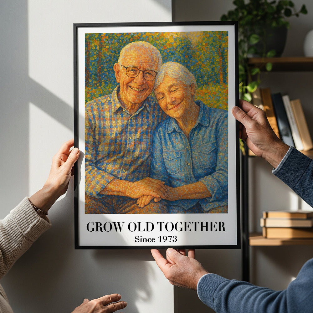 “Grow Old Together” - Personalized Pointillism Art Couple Poster - Custom Gift for Anniversary, Weddings, and Special Occasions Poster & Canvas MagicInPrints