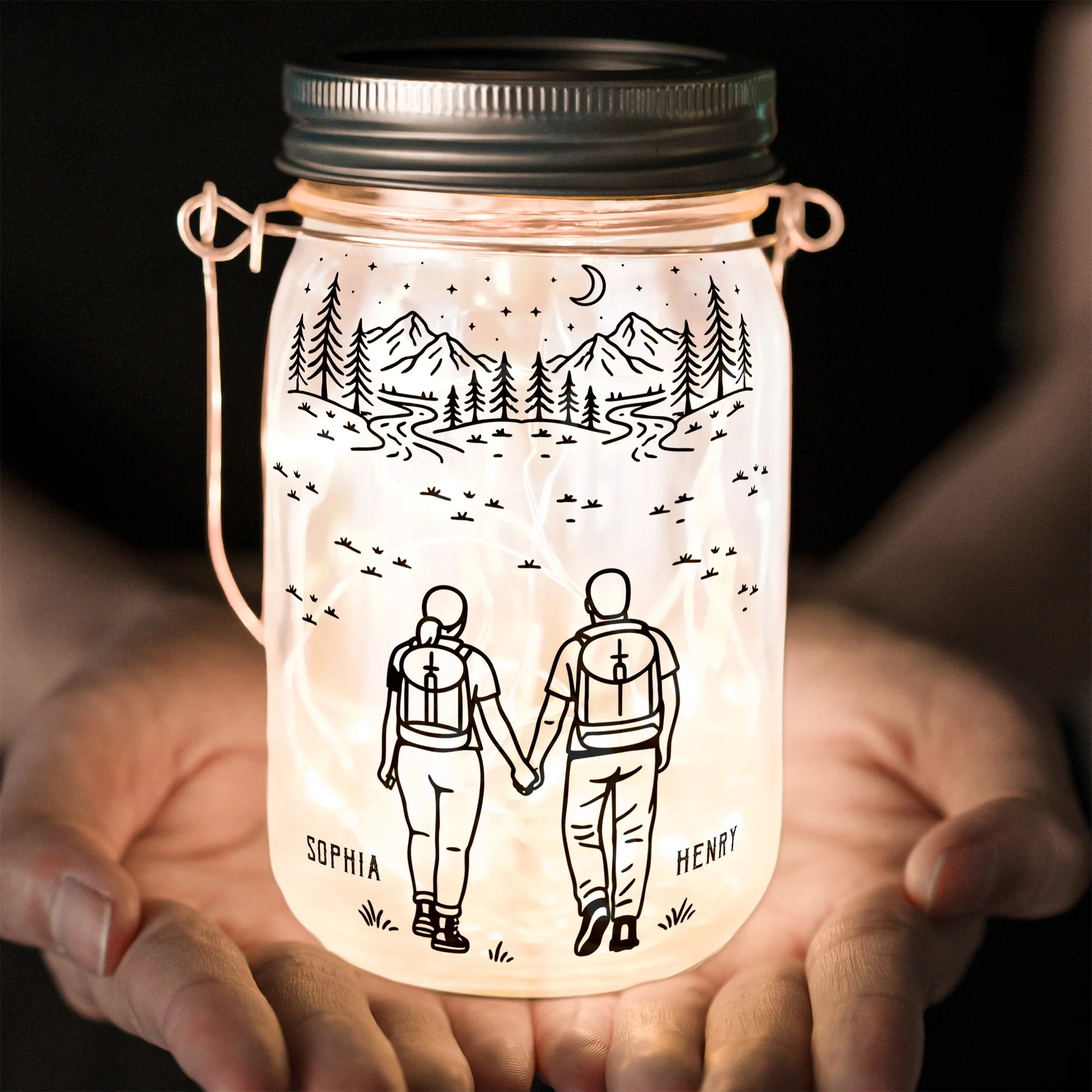Personalized LED Mason Jar Lantern for Couples - Adventure Partners Gift Lamp MagicInPrints