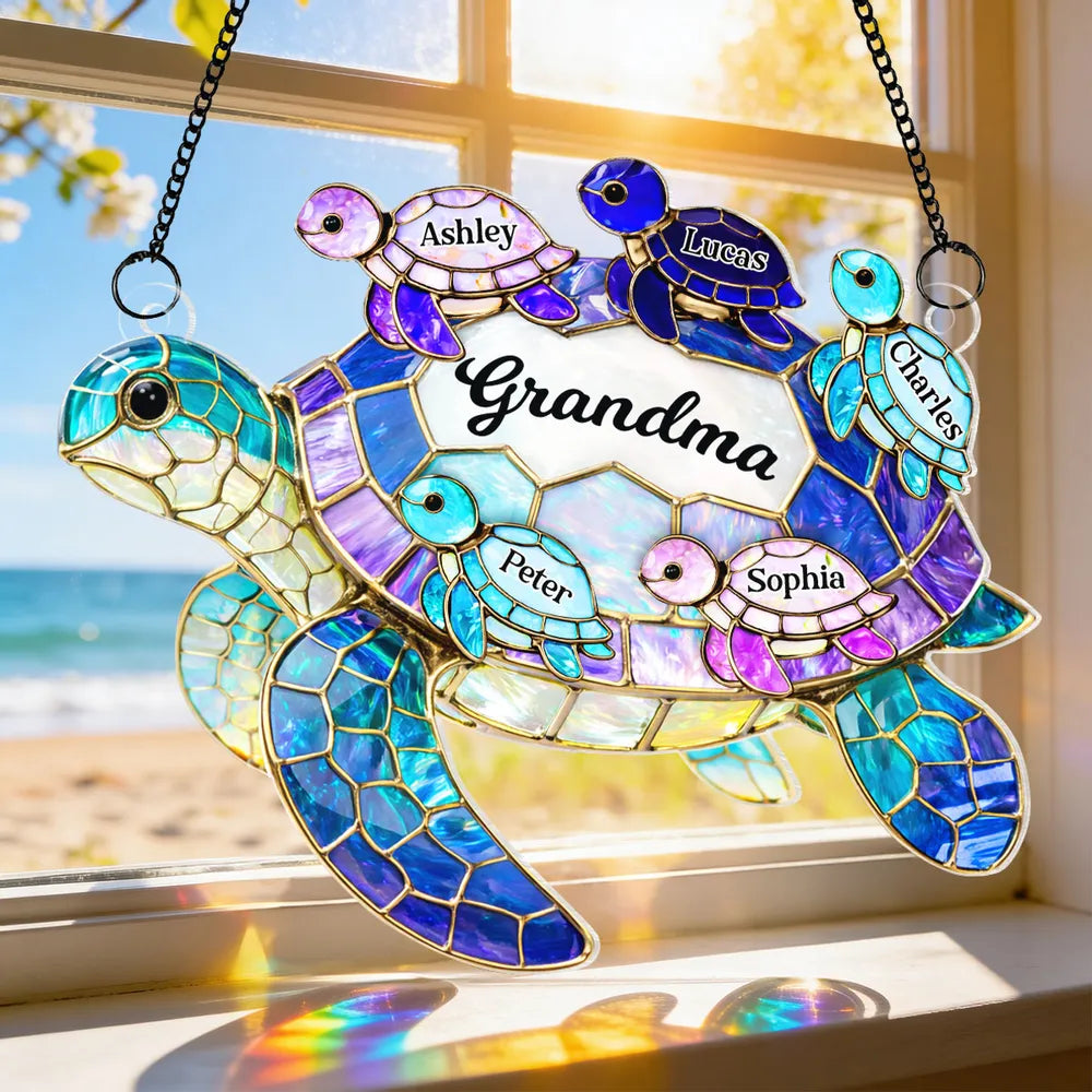 Personalized Stained Glass Turtle Sun Catcher for Grandma - Family Gift Ornament MagicInPrints