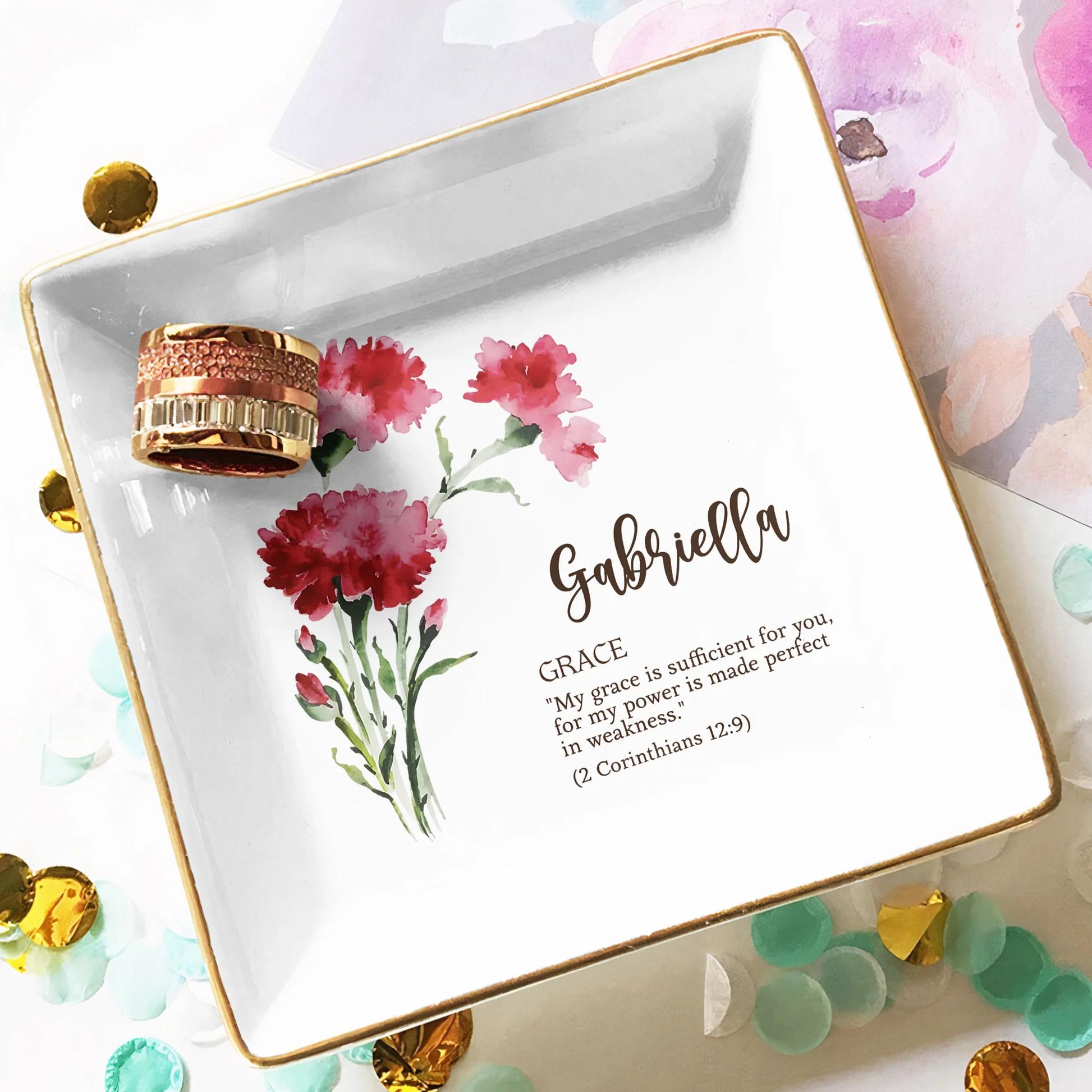 Personalized Jewelry Tray for Women with Carnation Design - Inspirational Gift Jewelry MagicInPrints
