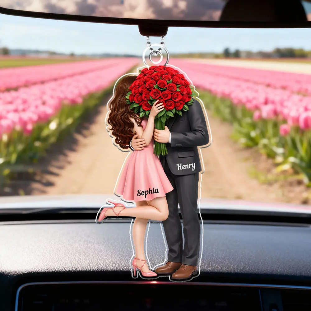 Personalized Couple Car Ornament with Names and Roses - Romantic Gift for Weddings Car Hanger MagicInPrints