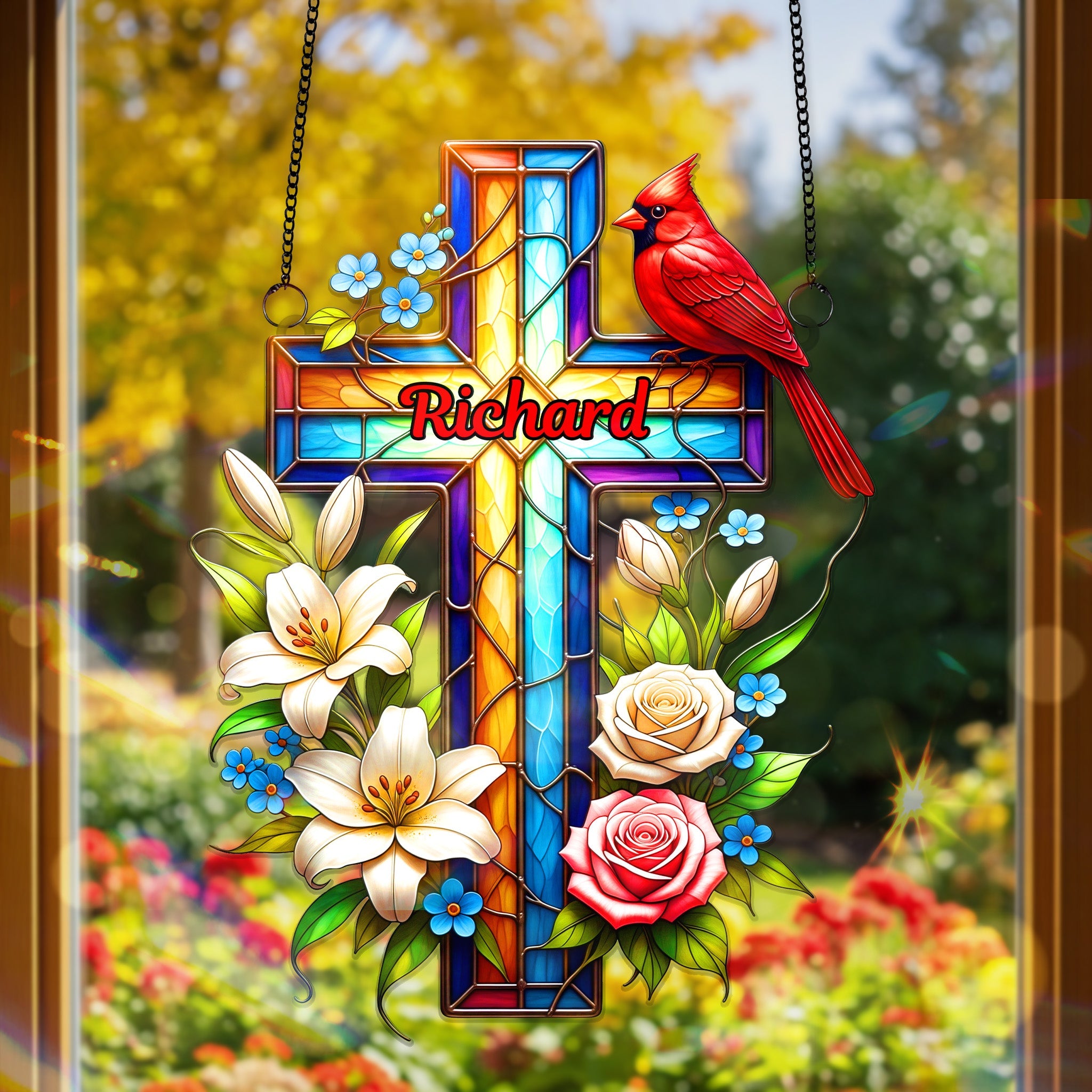 "Honor Their Memory with Love" - Cardinal Cross Memorial Suncatcher Ornament | Personalized Gift for Loved Ones Ornament MagicInPrints