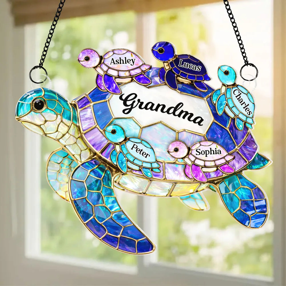 Personalized Stained Glass Turtle Sun Catcher for Grandma - Family Gift Ornament MagicInPrints