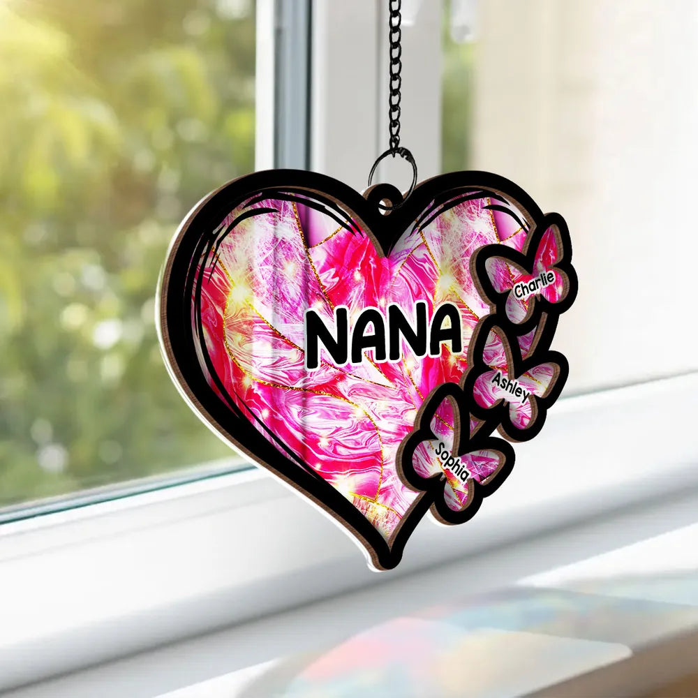 Personalized Heart Sun Catcher for Nana with Butterfly Names - Grandparent Gift Ornament MagicInPrints