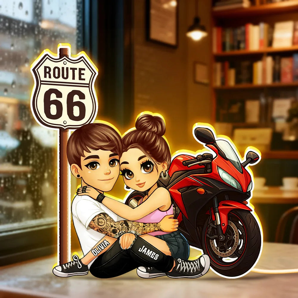 Customized Couple Cartoon Art for Bikers - Route 66 Adventure Gift Plaque MagicInPrints