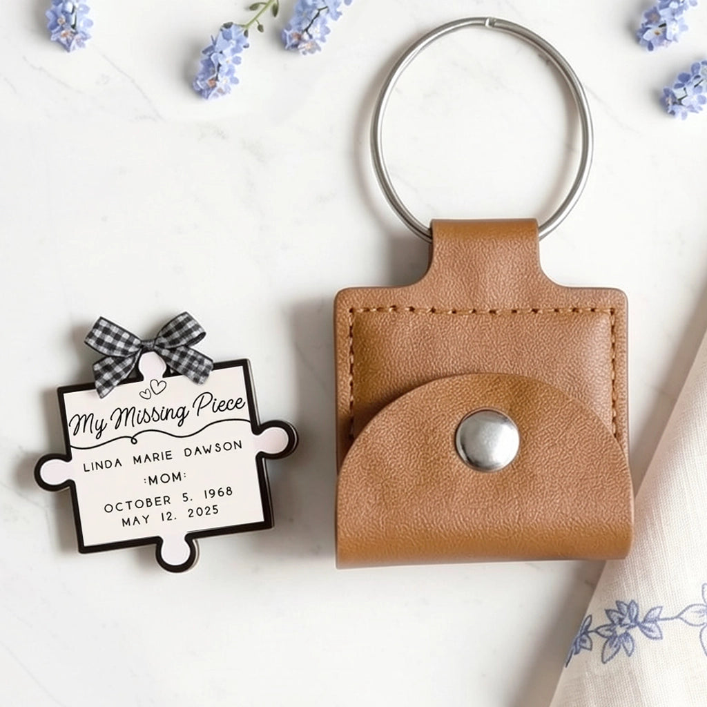 Personalized Leather Keychain with Memorial Puzzle Piece - Thoughtful Gift for Mom Keychain MagicInPrints
