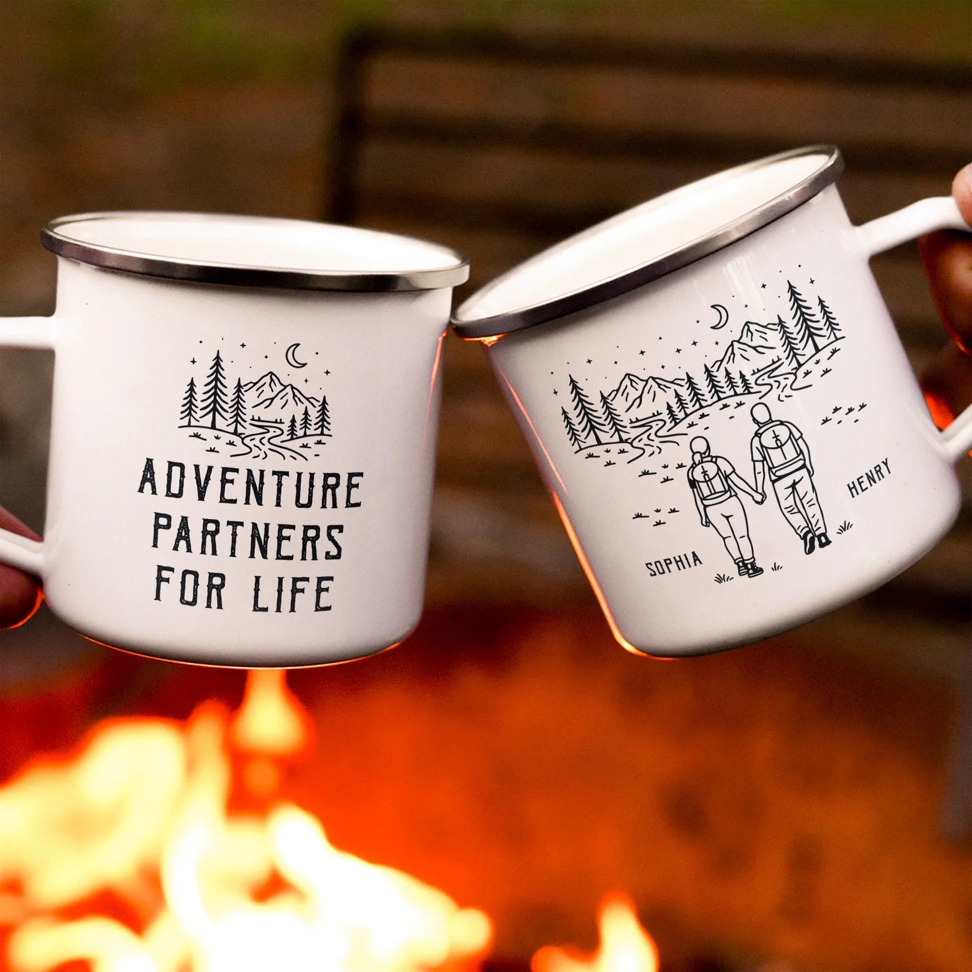 Personalized Adventure Partner Enamel Mug Set for Couples - Outdoor Camping Gift Cup MagicInPrints
