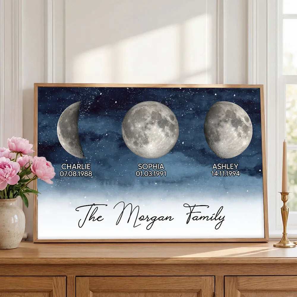 Personalized Moon Phase Family Canvas Print - Custom Birth Dates Wall Art Poster or Canvas MagicInPrints