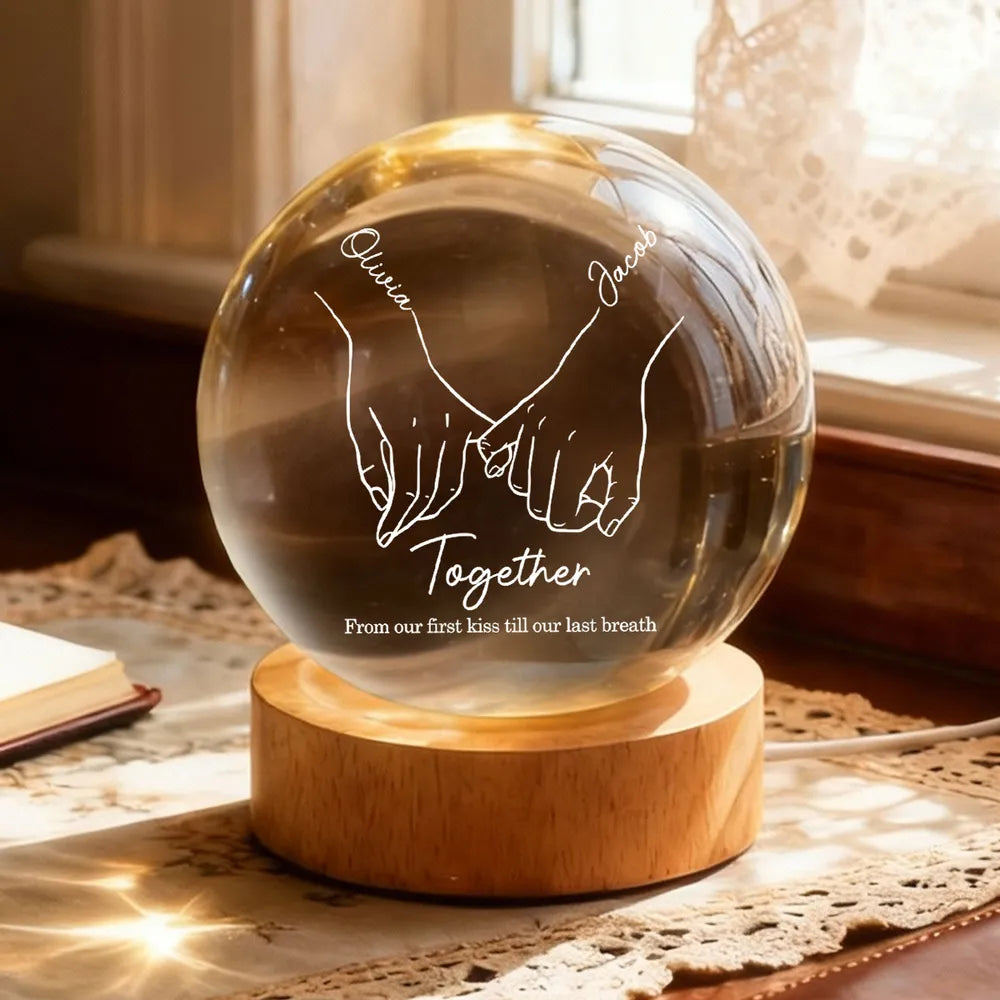Personalized LED Crystal Ball Lamp for Couples with Hand Holding Design - Romantic Gift Lamp MagicInPrints