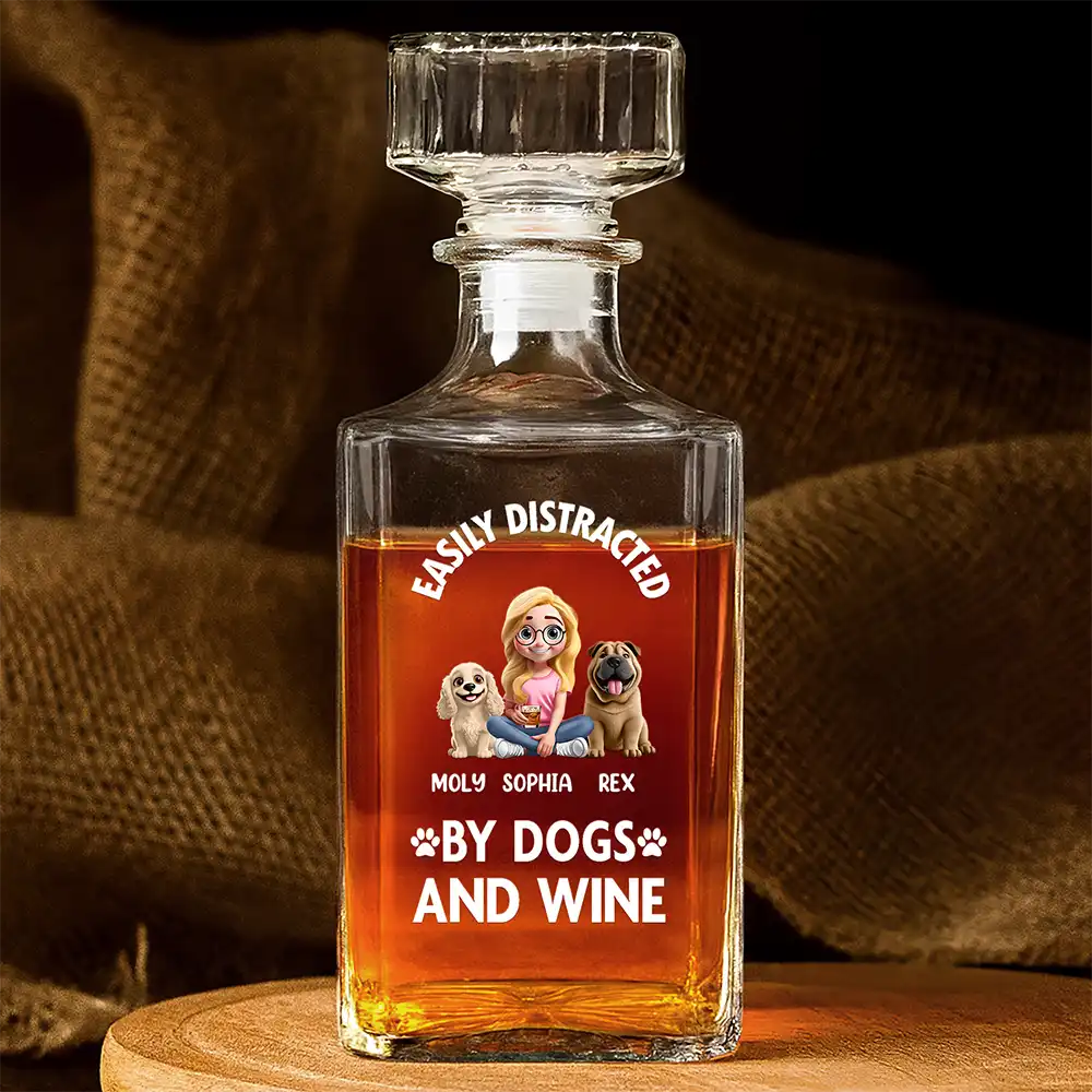 Easily Distracted By Dogs and Wine – Personalized Square Whiskey Bottle – Gift for Dog Lovers Whiskey Bottle MagicInPrints