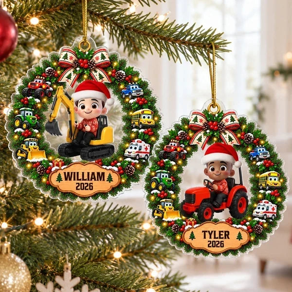 Personalized Acrylic Christmas Ornament for Grandson with Excavator