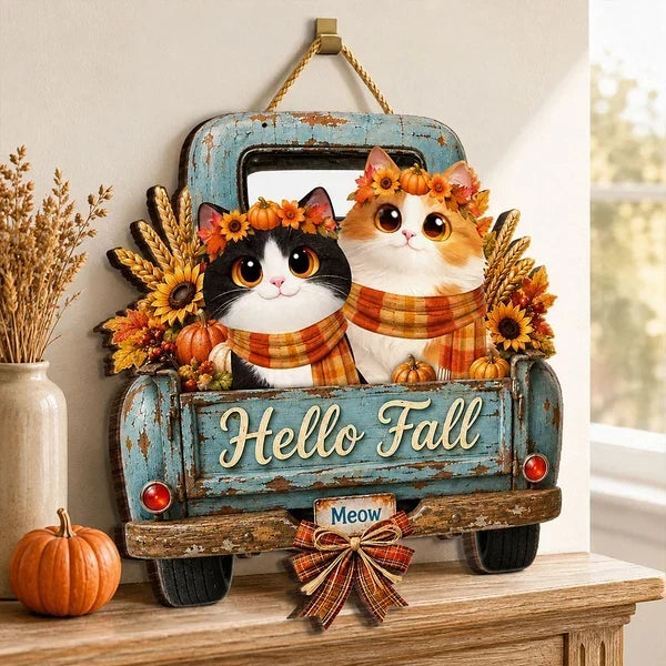Personalized Wooden Cat Sign with Teal Truck | Rustic Fall Decor Gift