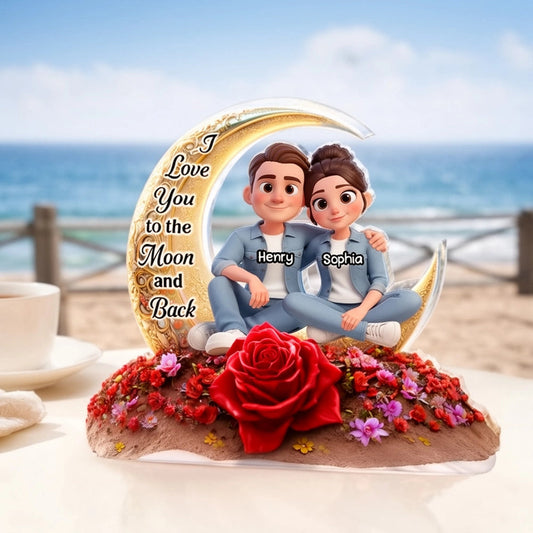 Personalized Couple Figurine with Moon and Rose - Romantic Gift for Loved Ones Plaque MagicInPrints
