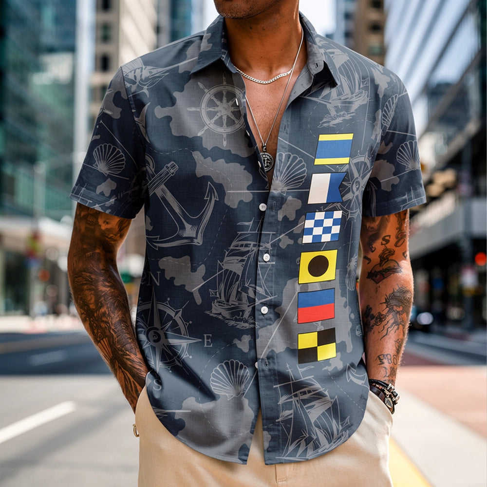 Nautical Print Men's Short Sleeve Shirt - Casual Summer Style Cloth MagicInPrints