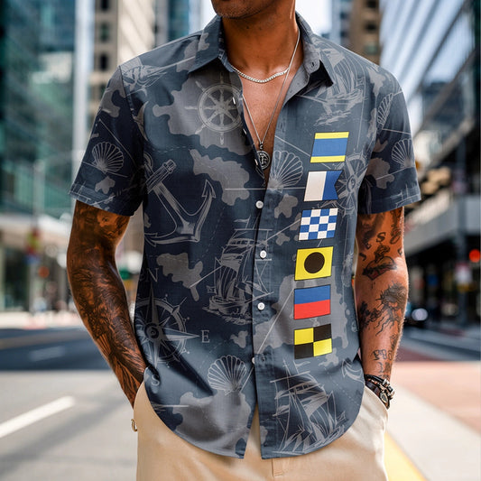 Nautical Print Men's Short Sleeve Shirt - Casual Summer Style Cloth MagicInPrints