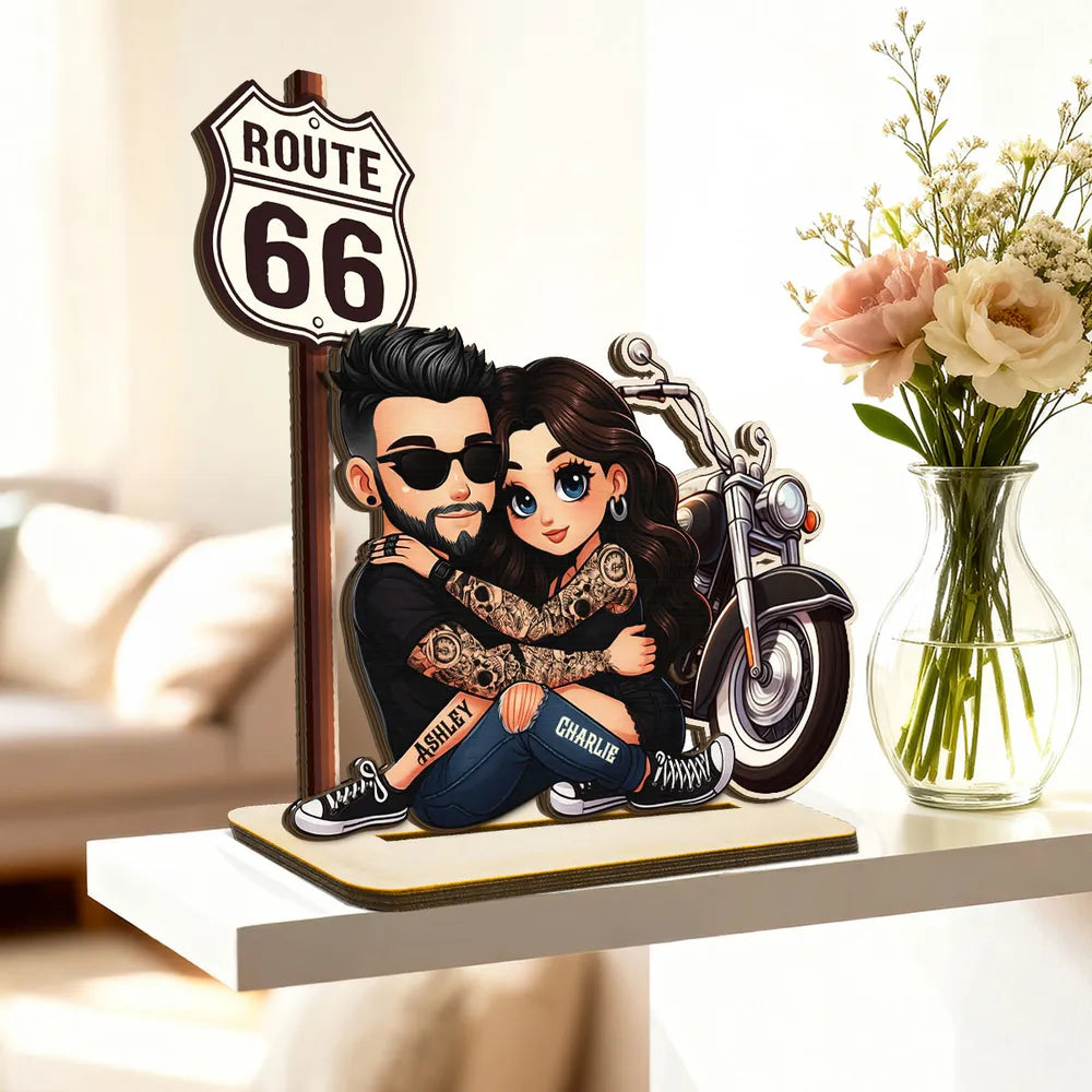 Custom Couple Figurine for Bikers with Route 66 Sign - Romantic Gift Plaque MagicInPrints