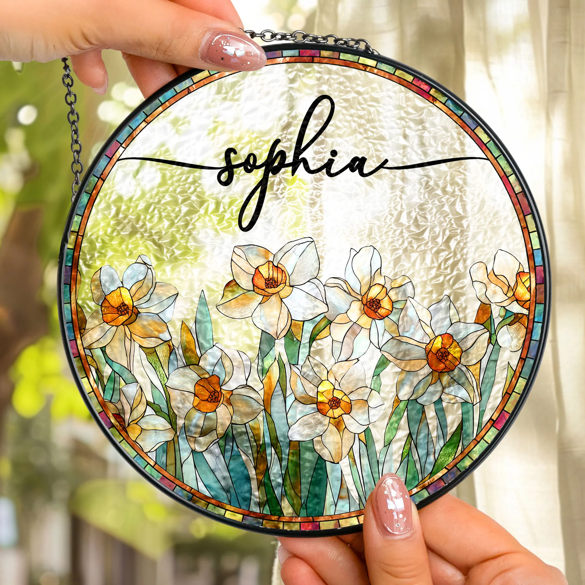 Personalized Stained Glass Window Hanging for Home Decor - Custom Name Floral Art Ornament MagicInPrints