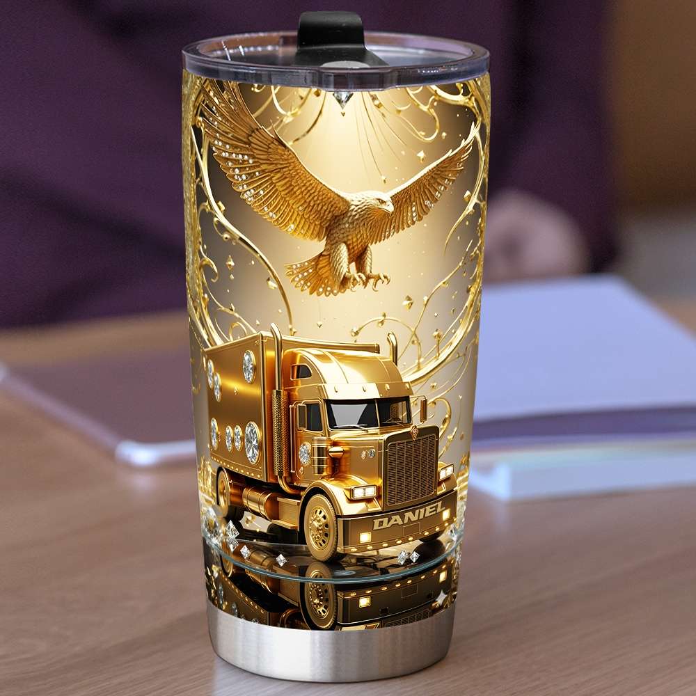 Golden Semi Truck Tumbler - Personalized Gift for Truckers Tumbler Cup MagicInPrints