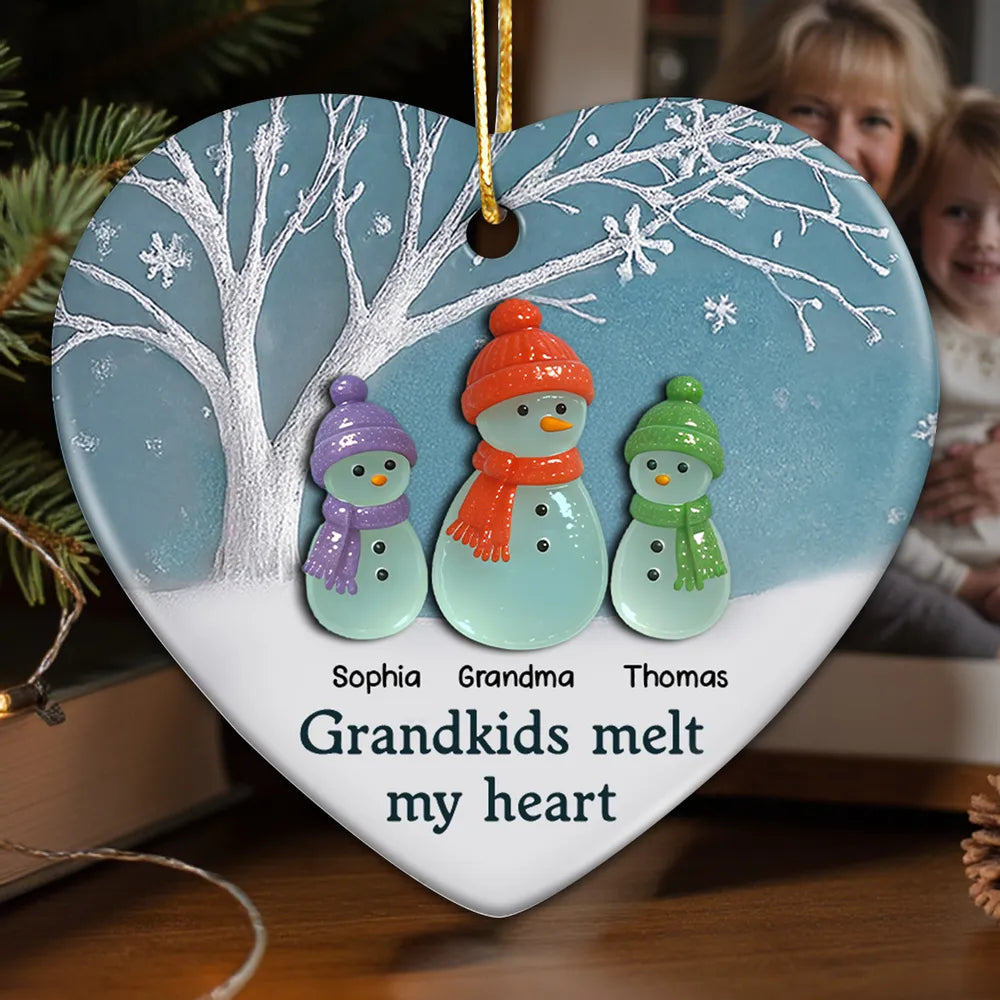 Personalized Heart Ornament for Grandparents with Snowman Family - Christmas Gift Ornament MagicInPrints